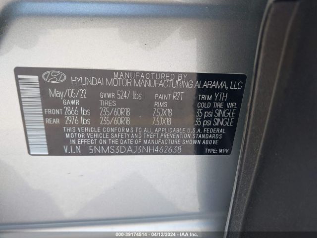 Photo 8 VIN: 5NMS3DAJ3NH462638 - HYUNDAI SANTA FE 