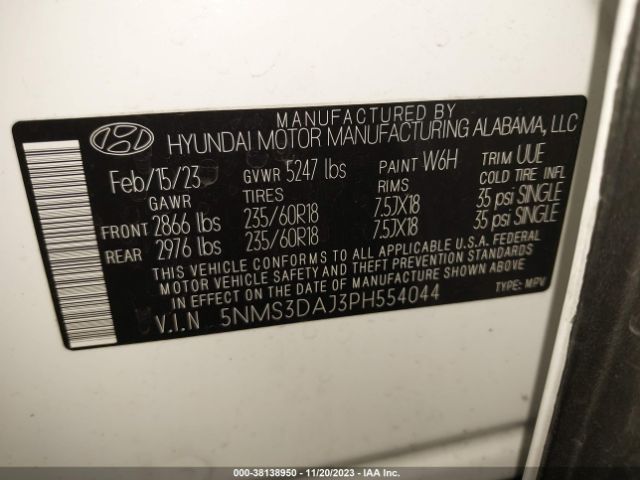 Photo 8 VIN: 5NMS3DAJ3PH554044 - HYUNDAI SANTA FE 