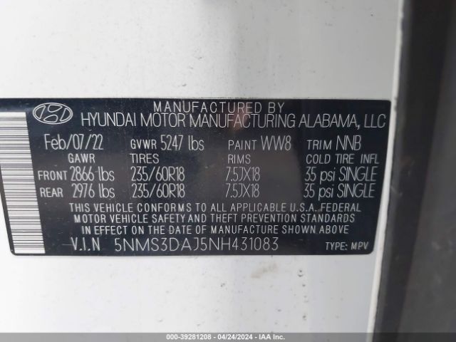 Photo 8 VIN: 5NMS3DAJ5NH431083 - HYUNDAI SANTA FE 