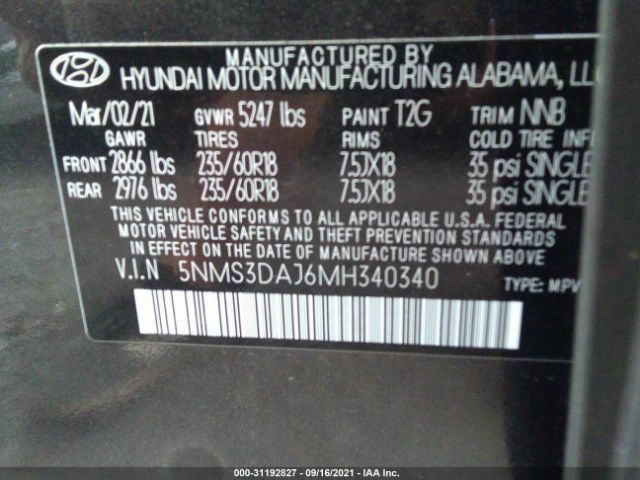 Photo 8 VIN: 5NMS3DAJ6MH340340 - HYUNDAI SANTA FE 