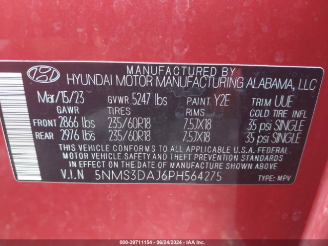 Photo 8 VIN: 5NMS3DAJ6PH564275 - HYUNDAI SANTA FE 