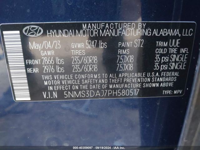 Photo 8 VIN: 5NMS3DAJ7PH580517 - HYUNDAI SANTA FE 