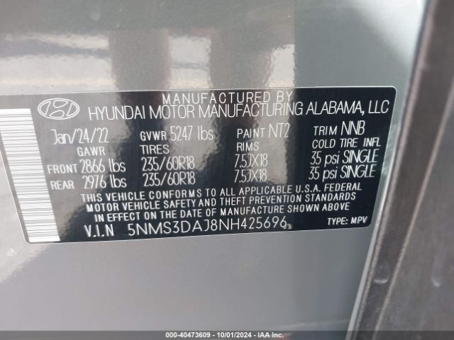 Photo 8 VIN: 5NMS3DAJ8NH425696 - HYUNDAI SANTA FE 