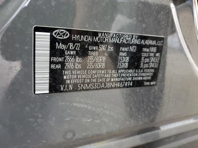 Photo 12 VIN: 5NMS3DAJ8NH467494 - HYUNDAI SANTA FE S 