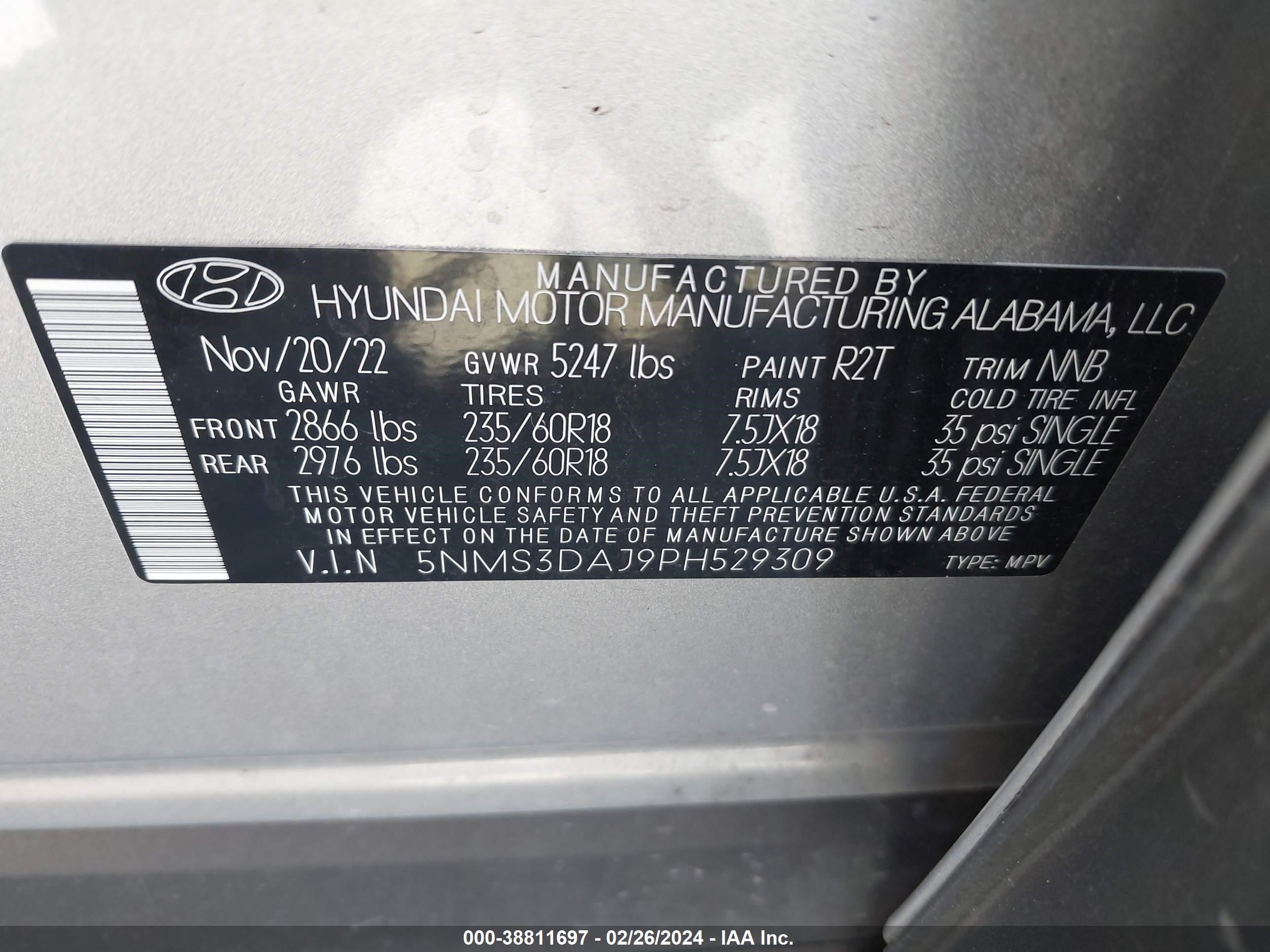 Photo 8 VIN: 5NMS3DAJ9PH529309 - HYUNDAI SANTA FE 