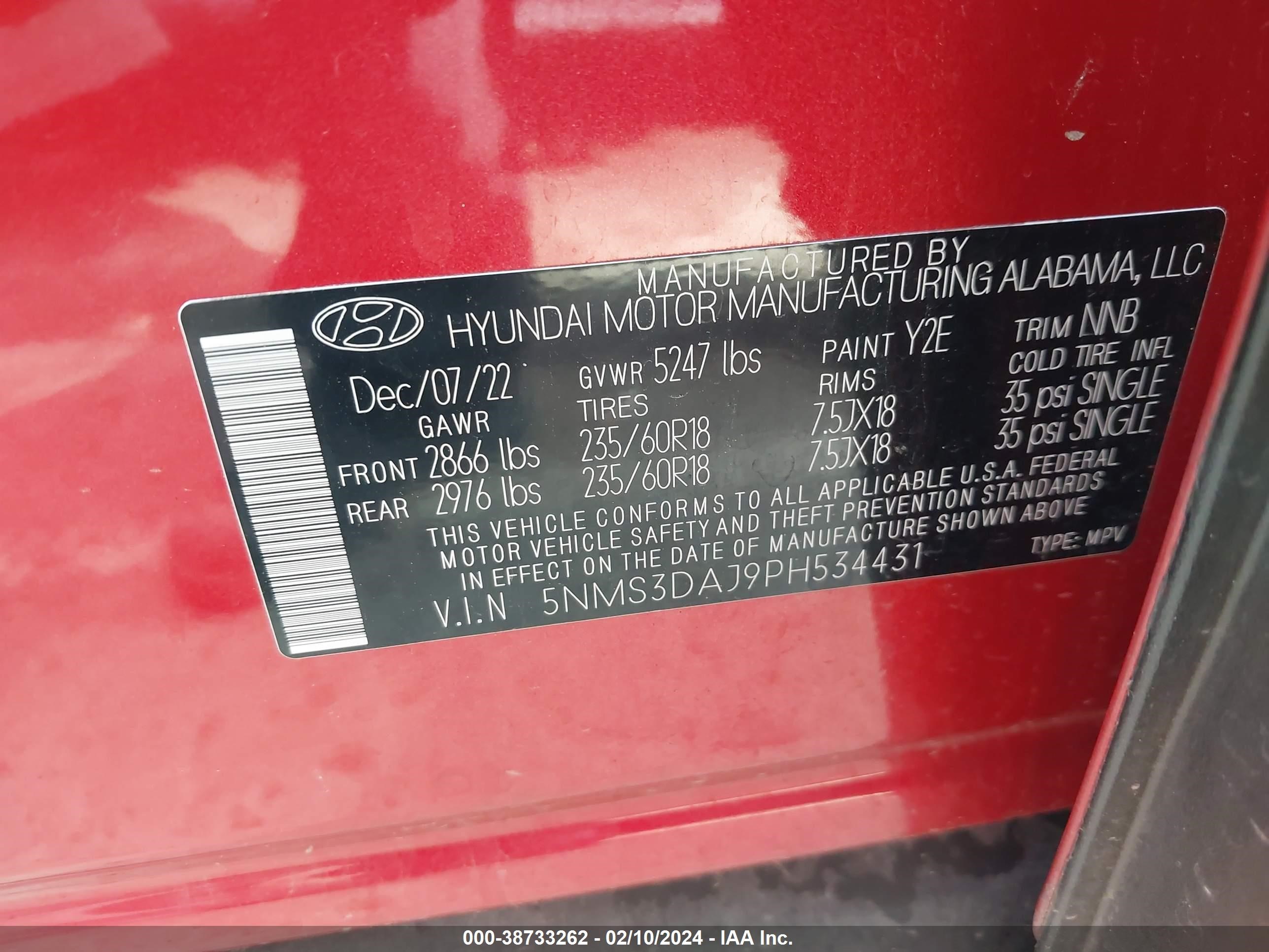 Photo 8 VIN: 5NMS3DAJ9PH534431 - HYUNDAI SANTA FE 