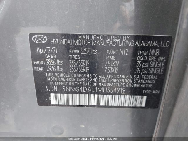 Photo 8 VIN: 5NMS4DAL1MH354919 - HYUNDAI SANTA FE 