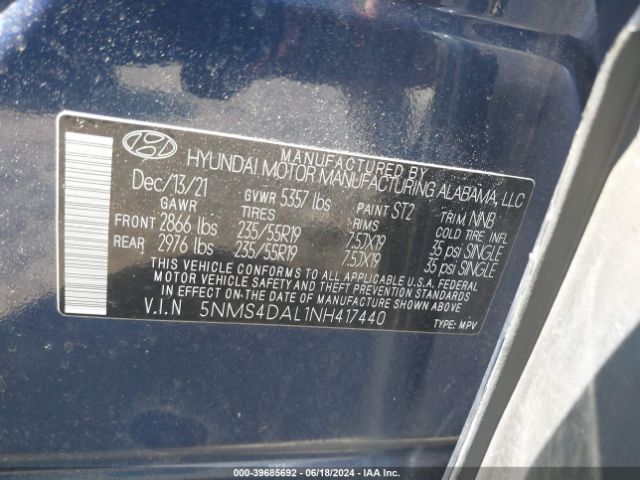 Photo 8 VIN: 5NMS4DAL1NH417440 - HYUNDAI SANTA FE 