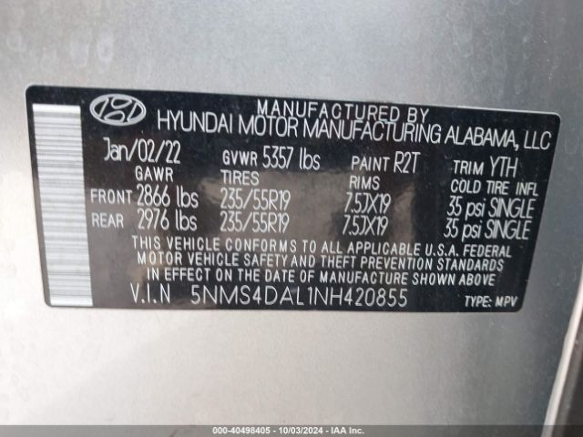 Photo 8 VIN: 5NMS4DAL1NH420855 - HYUNDAI SANTA FE 