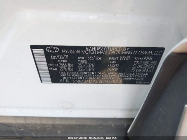 Photo 8 VIN: 5NMS4DAL3NH375918 - HYUNDAI SANTA FE 