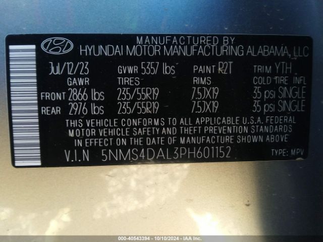 Photo 8 VIN: 5NMS4DAL3PH601152 - HYUNDAI SANTA FE 