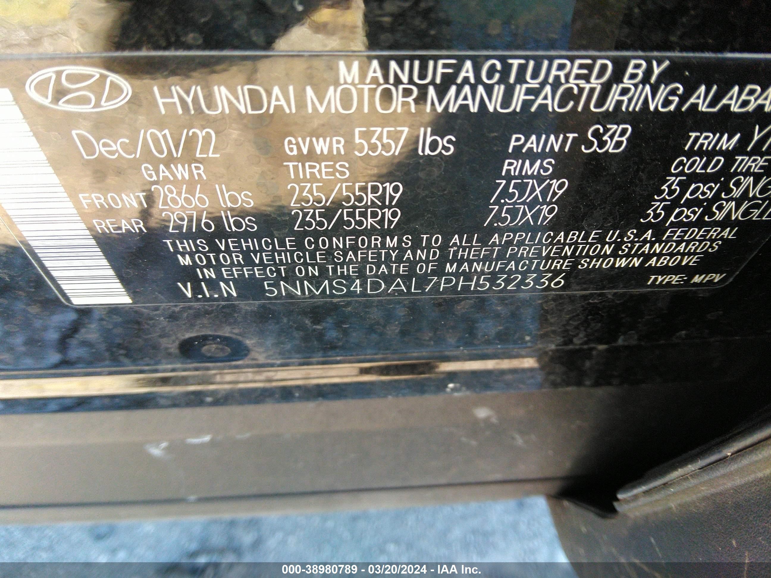 Photo 8 VIN: 5NMS4DAL7PH532336 - HYUNDAI SANTA FE 