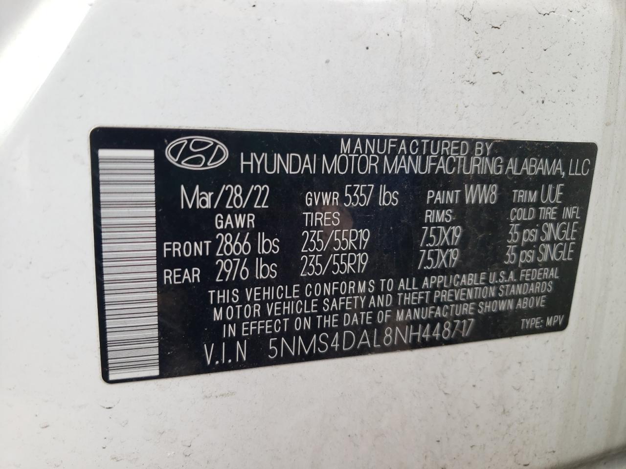 Photo 12 VIN: 5NMS4DAL8NH448717 - HYUNDAI SANTA FE 