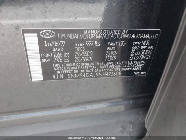 Photo 8 VIN: 5NMS4DAL9NH473609 - HYUNDAI SANTA FE 