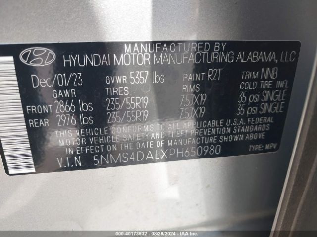 Photo 8 VIN: 5NMS4DALXPH650980 - HYUNDAI SANTA FE 