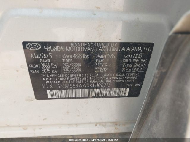 Photo 8 VIN: 5NMS53AA0KH106213 - HYUNDAI SANTA FE 