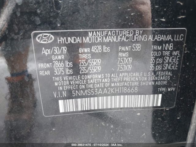 Photo 8 VIN: 5NMS53AA2KH118668 - HYUNDAI SANTA FE 