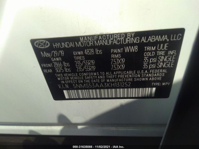 Photo 8 VIN: 5NMS53AA3KH131252 - HYUNDAI SANTA FE 