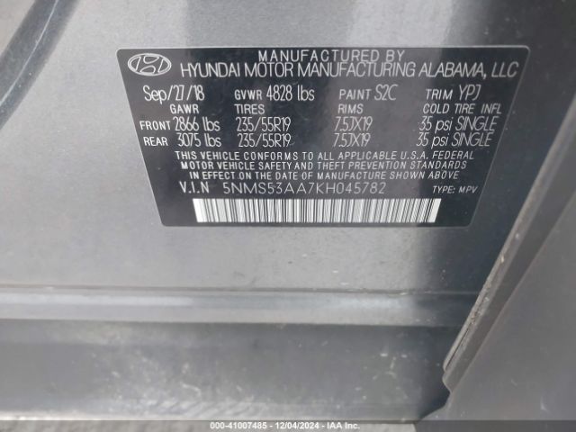 Photo 8 VIN: 5NMS53AA7KH045782 - HYUNDAI SANTA FE 