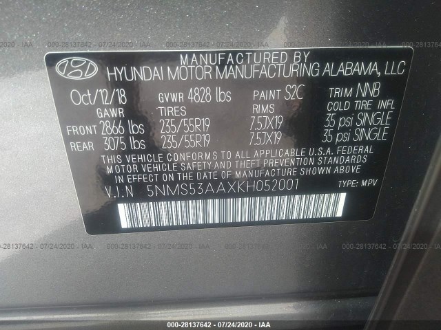 Photo 8 VIN: 5NMS53AAXKH052001 - HYUNDAI SANTA FE 