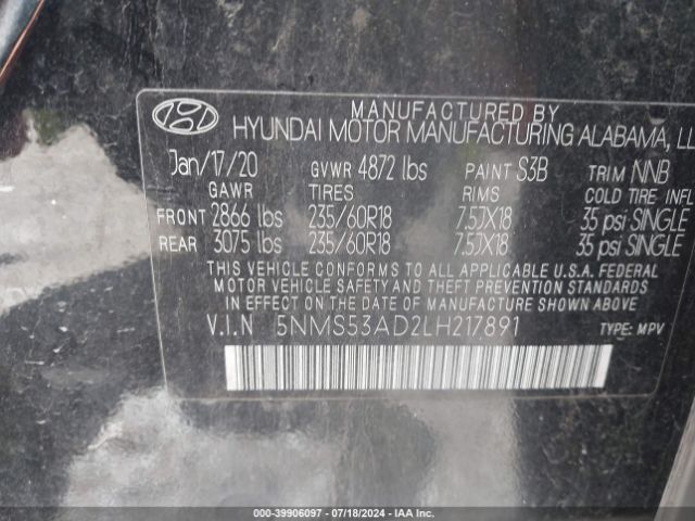 Photo 8 VIN: 5NMS53AD2LH217891 - HYUNDAI SANTA FE 