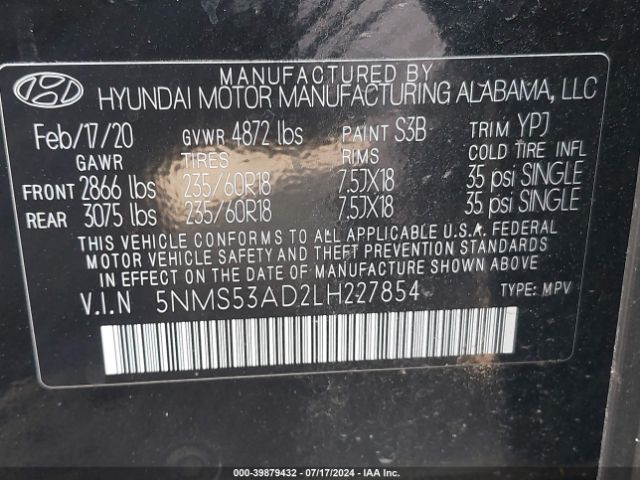 Photo 8 VIN: 5NMS53AD2LH227854 - HYUNDAI SANTA FE 