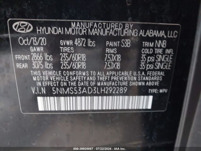 Photo 8 VIN: 5NMS53AD3LH292289 - HYUNDAI SANTA FE 