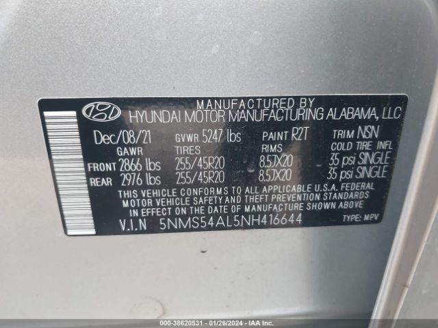 Photo 8 VIN: 5NMS54AL5NH416644 - HYUNDAI SANTA FE 