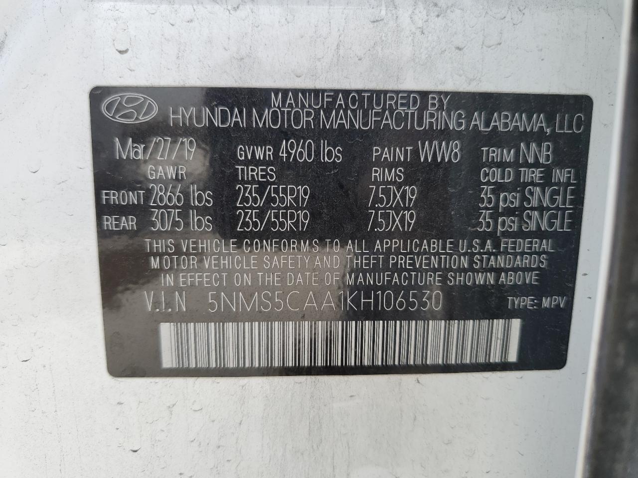 Photo 12 VIN: 5NMS5CAA1KH106530 - HYUNDAI SANTA FE 