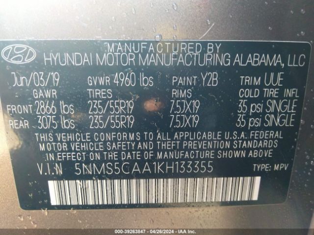 Photo 8 VIN: 5NMS5CAA1KH133355 - HYUNDAI SANTA FE 