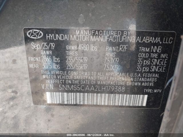 Photo 8 VIN: 5NMS5CAA2LH179388 - HYUNDAI SANTA FE 