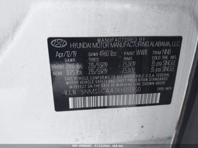 Photo 8 VIN: 5NMS5CAA3KH113950 - HYUNDAI SANTA FE 