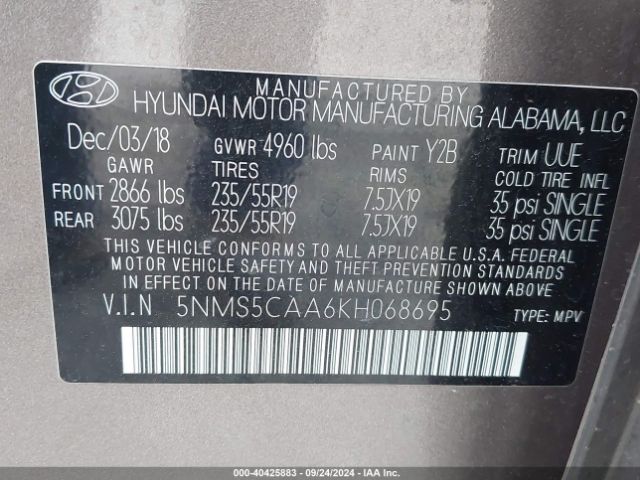 Photo 8 VIN: 5NMS5CAA6KH068695 - HYUNDAI SANTA FE 