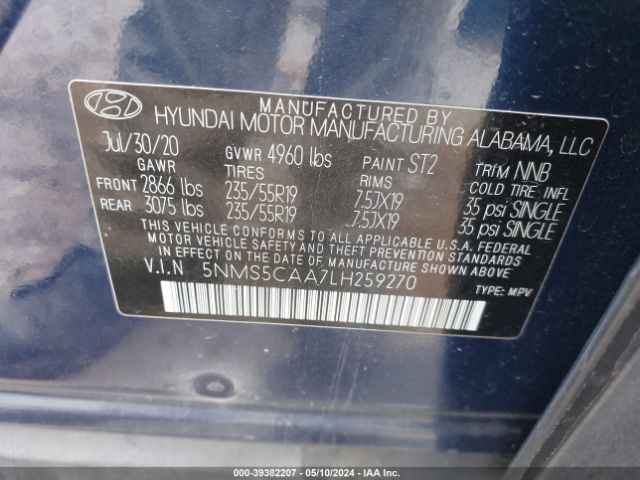 Photo 8 VIN: 5NMS5CAA7LH259270 - HYUNDAI SANTA FE 