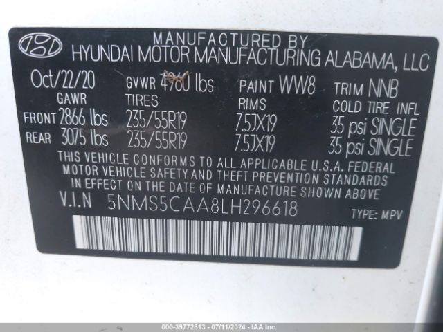 Photo 8 VIN: 5NMS5CAA8LH296618 - HYUNDAI SANTA FE 