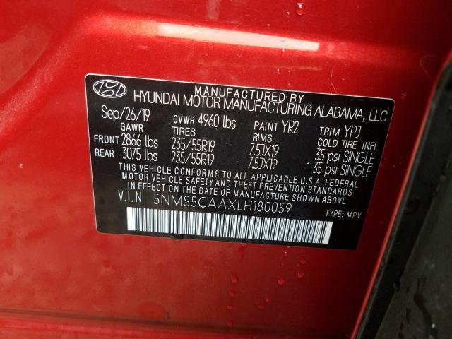 Photo 9 VIN: 5NMS5CAAXLH180059 - HYUNDAI SANTA FE L 