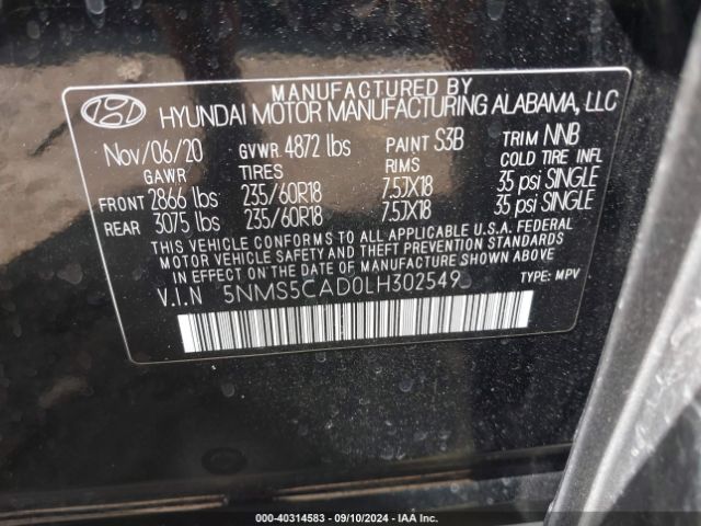 Photo 8 VIN: 5NMS5CAD0LH302549 - HYUNDAI SANTA FE 