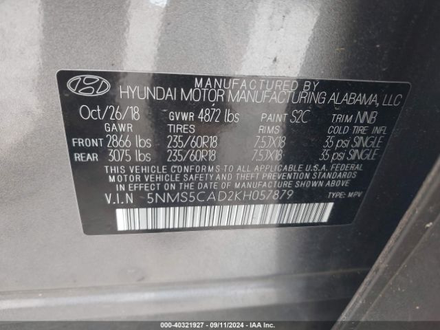 Photo 8 VIN: 5NMS5CAD2KH057879 - HYUNDAI SANTA FE 