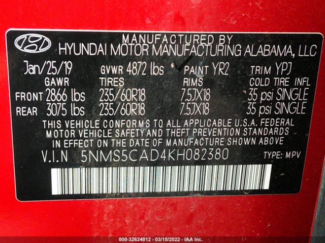 Photo 8 VIN: 5NMS5CAD4KH082380 - HYUNDAI SANTA FE 