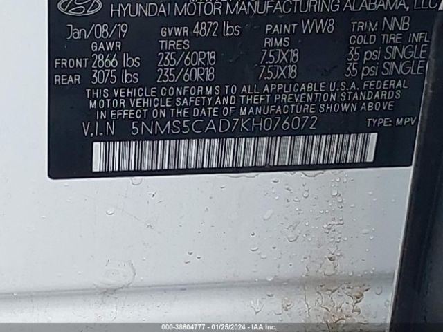 Photo 8 VIN: 5NMS5CAD7KH076072 - HYUNDAI SANTA FE 