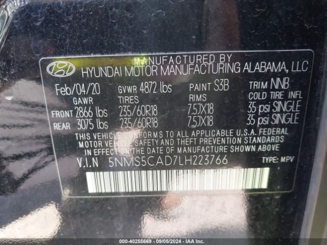 Photo 8 VIN: 5NMS5CAD7LH223766 - HYUNDAI SANTA FE 