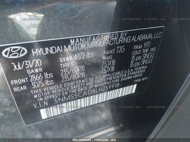 Photo 8 VIN: 5NMS5CAD8LH259918 - HYUNDAI SANTA-FE 