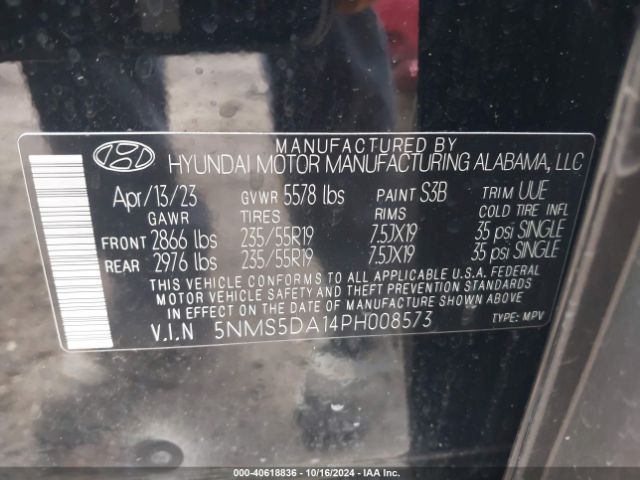 Photo 8 VIN: 5NMS5DA14PH008573 - HYUNDAI SANTA FE 