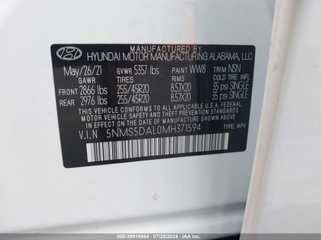 Photo 8 VIN: 5NMS5DAL0MH371594 - HYUNDAI SANTA FE 