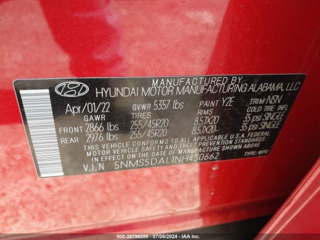 Photo 8 VIN: 5NMS5DAL1NH450662 - HYUNDAI SANTA FE 