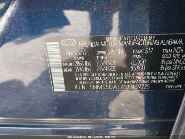 Photo 8 VIN: 5NMS5DAL2NH459225 - HYUNDAI SANTA FE 