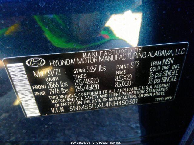 Photo 8 VIN: 5NMS5DAL4NH450381 - HYUNDAI SANTA FE 