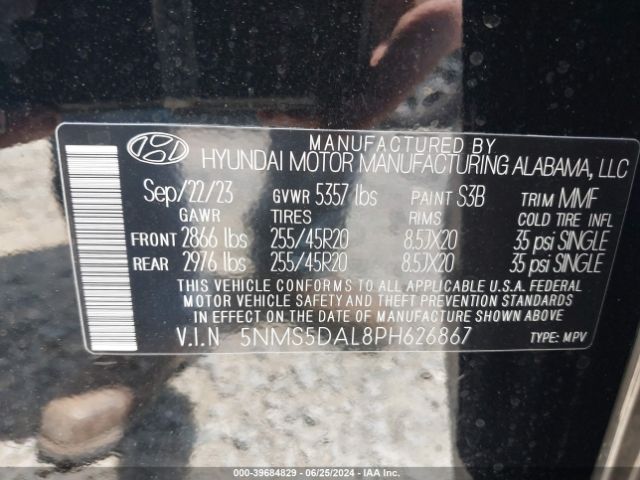 Photo 8 VIN: 5NMS5DAL8PH626867 - HYUNDAI SANTA FE 