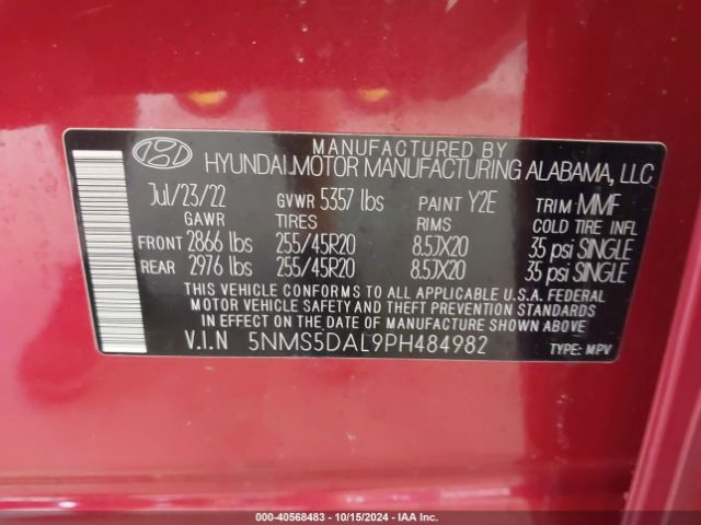 Photo 8 VIN: 5NMS5DAL9PH484982 - HYUNDAI SANTA FE 