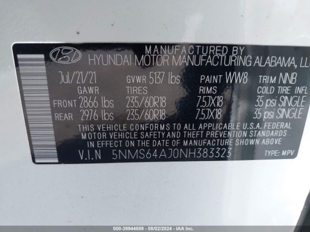 Photo 8 VIN: 5NMS64AJ0NH383323 - HYUNDAI SANTA FE 